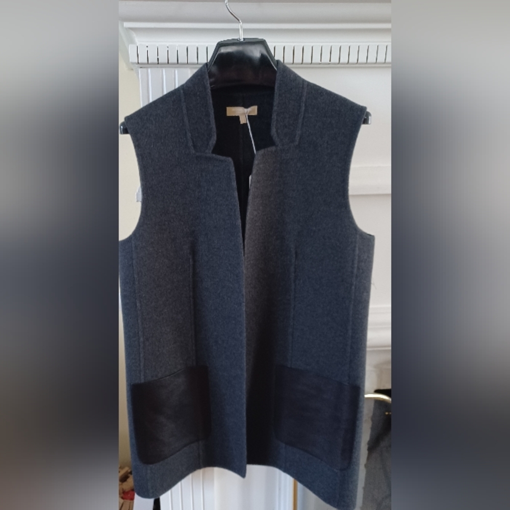 Michael Kors Collection Charcoal Wool Vest with Black Faux Leather Pockets